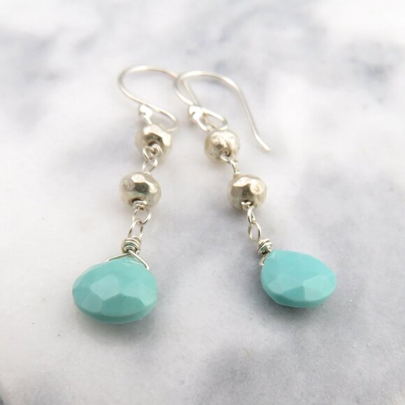 Sleeping Beauty Turquoise and Silver long Drop Earrings in 925 Sterling Silver - Picture 2 of 4
